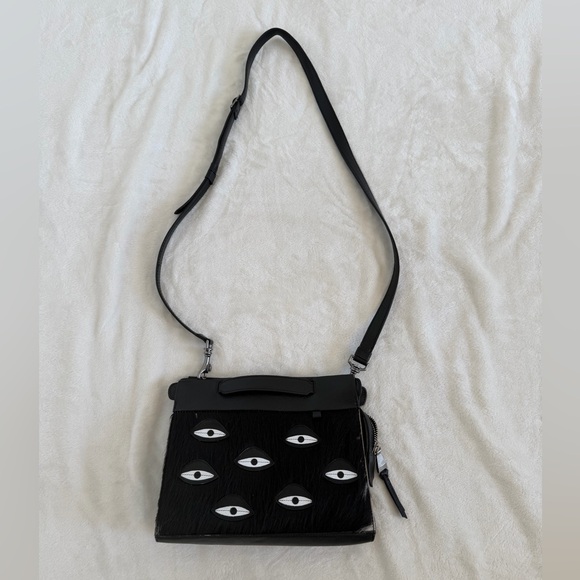 Min & Mon Handbags - Min & Mon Vali Crossbody Small Black Leather Bag w/ black fur. “All Over Eyes”